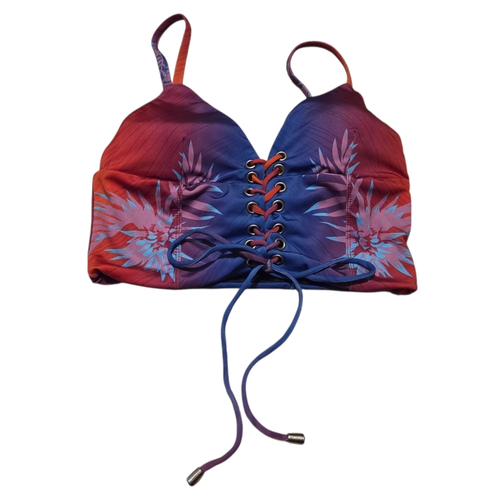 Women’s Large Bfyne Alieva Lace-Up Red/Blue Floral Print Bikini Top